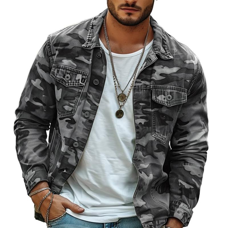 Chaqueta de lona con estampado de camuflaje para hombre, estilo retro, con solapa, 18911497X