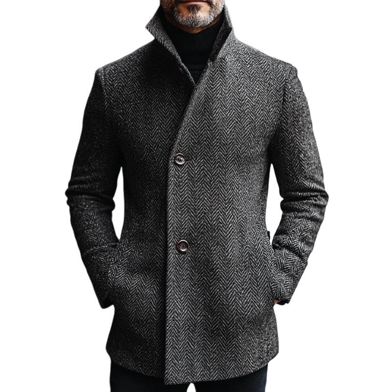 Men's Vintage Dark Grey Herringbone Mid-Length Coat 13975723U