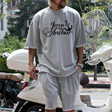 Men's Fashion Loose Christian Quote Print Short Sleeve T-Shirt and Shorts Set 79492365Z