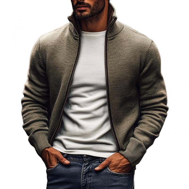 Men's Casual Solid Color Stand Collar Zipper Slim Fit Knit Cardigan 74187371M