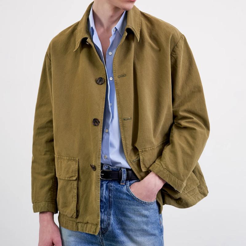 Men's Casual Canvas Lapel Flap Pocket Loose Jacket 69174335M