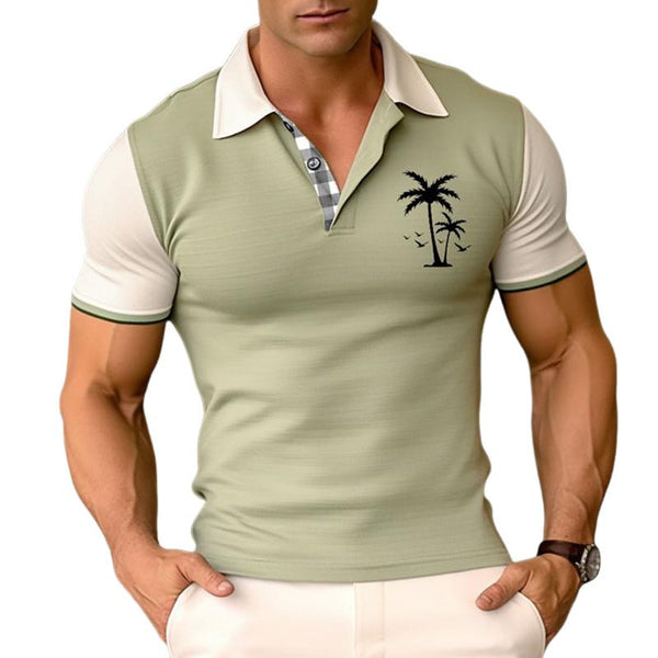Men's Coconut Tree Print Lapel Short Sleeve Polo Shirt 22991923Z
