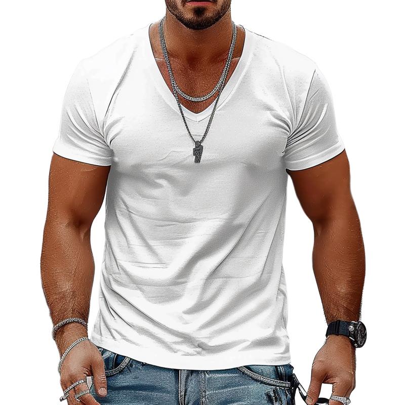 Men's Solid Color Casual V-neck Cotton Short-sleeved T-shirt 98171741X