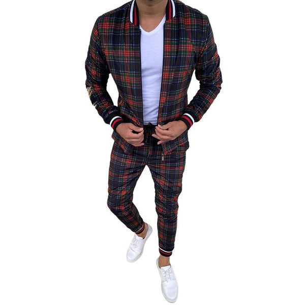 Men's Retro Casual Plaid Print Zipper Two-Piece Set 92206969TO