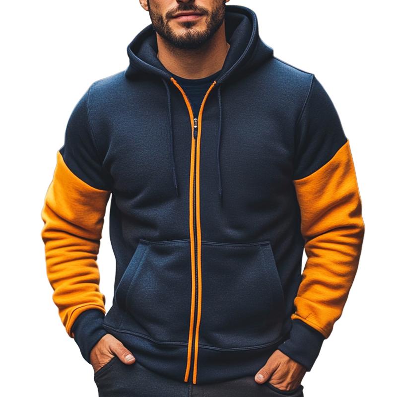 Men's Retro Casual Colorblock Stand Collar Hooded Zipper Sweatshirt 24194376TO