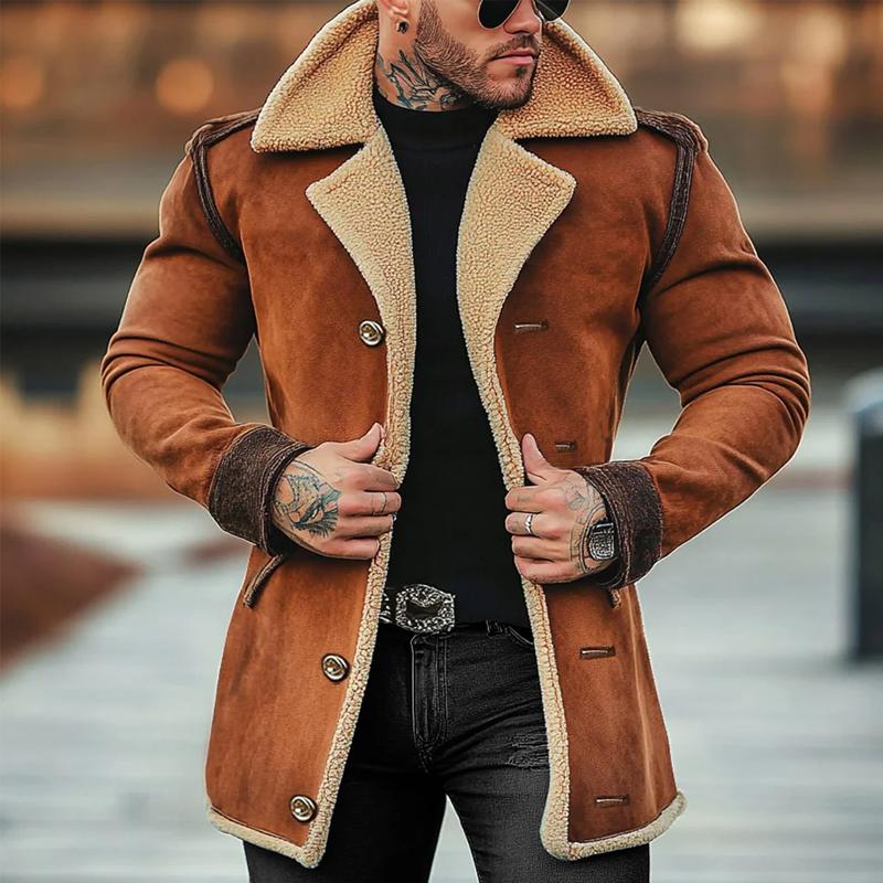 Cappotto casual monopetto da uomo in pelle scamosciata con risvolto, lunghezza media 81141148Z