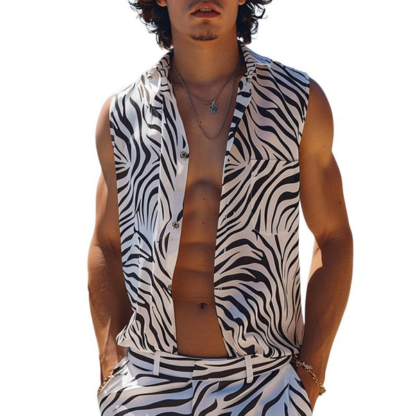 Men's Zebra Print Lapel Chest Pocket Sleeveless Shirt 94871986Y