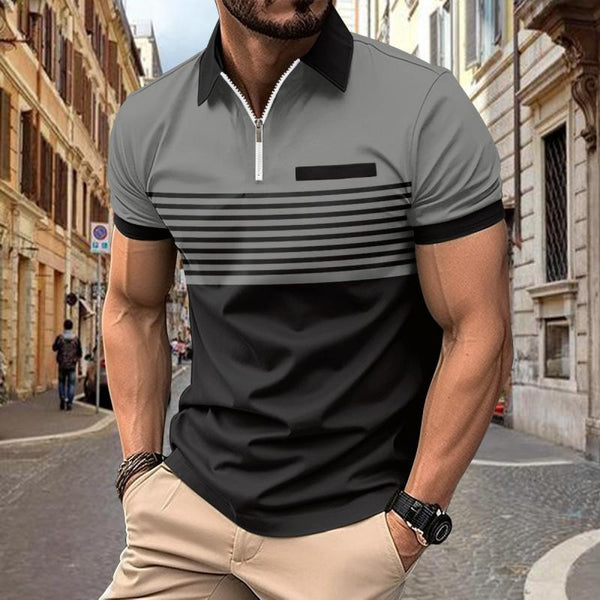 Men's Stripe Print Zipper Short Sleeve Polo Shirt 09586485Y