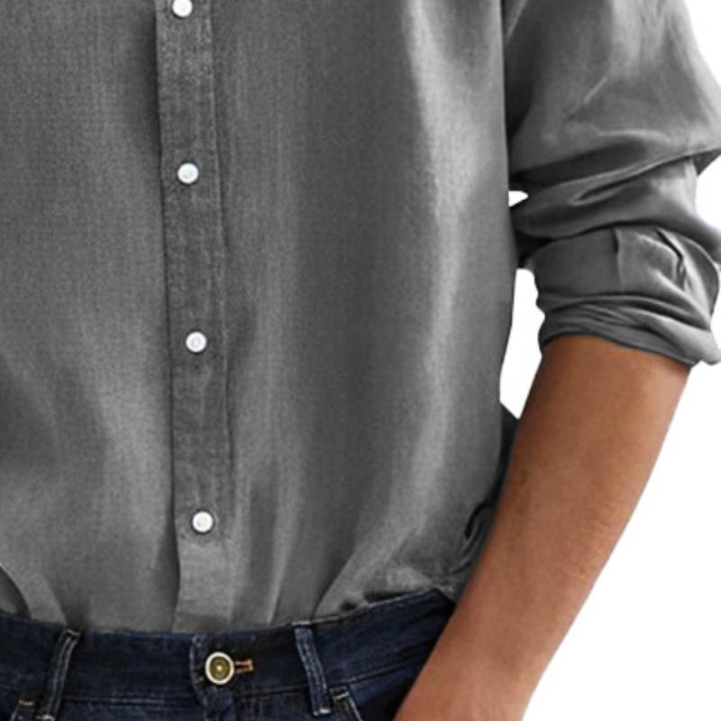 Men's Casual Solid Color Cotton and Linen Stand Collar Long Sleeve Shirt 79271978Y