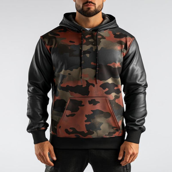 Men's Casual Fashionable Stitching Camouflage Leather Hoodie 28803169K