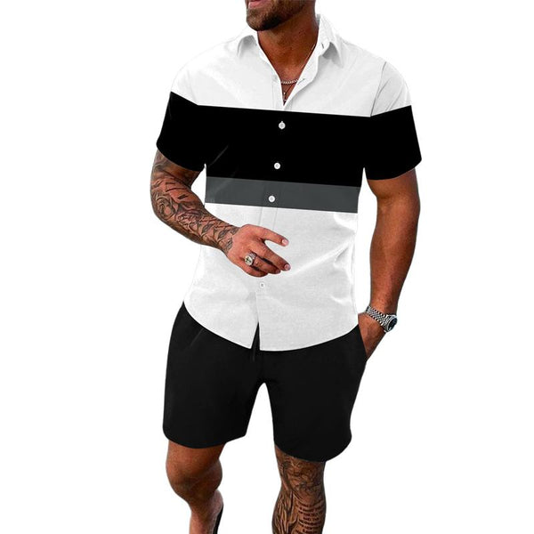 Men's Striped Lapel Short-sleeved Shirt Two-piece Set 54169003X