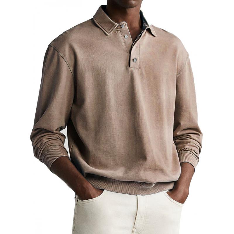 Men's Casual Cotton Blended Lapel Loose Long Sleeve Polo Shirt 58473426M