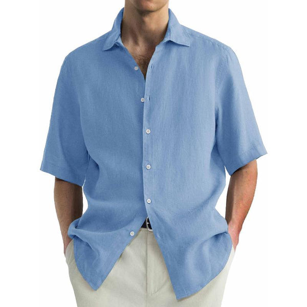 Men's Casual Cotton Linen Solid Color Lapel Slim Short-sleeved Shirt 56139378M