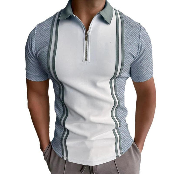 Men's Printed Striped Short Sleeve Zip-up Polo Shirt 10336923X