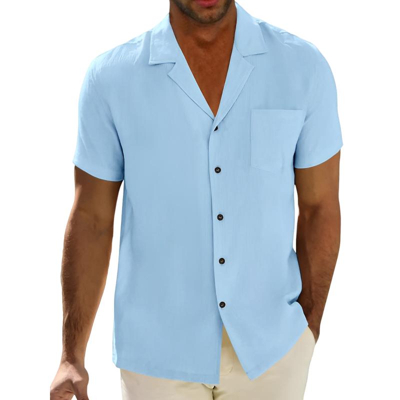 Men's Solid Cuban Collar Chest Pocket Short Sleeve Shirt 60383137Y