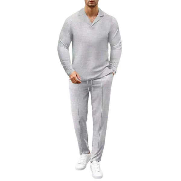 Men's Solid Color Waffle Cuban Collar Long Sleeve T-Shirt And Pants Set 28710871Y