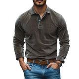 Men's Casual Corduroy Lapel Slim Fit Long Sleeve Polo Shirt 39285079M