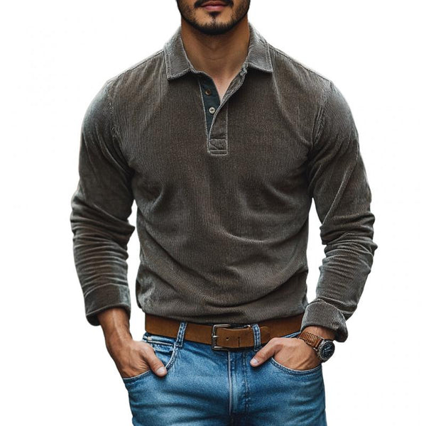 Men's Casual Corduroy Lapel Slim Fit Long Sleeve Polo Shirt 39285079M