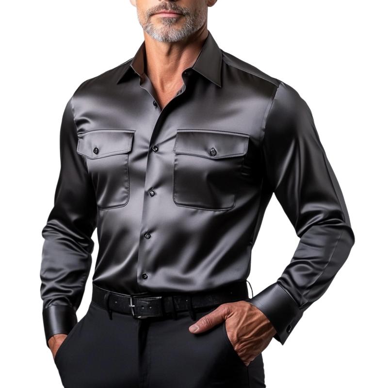 Men's Fashion Satin Double Chest Pockets Long Sleeve Shirt 63195733Y