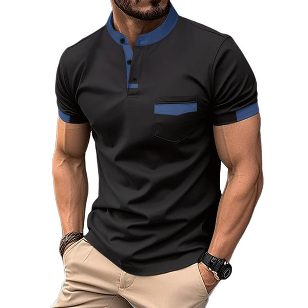 Men's Casual Colorblock Stand Collar Chest Pocket Short-Sleeved T-Shirt 52195947Y