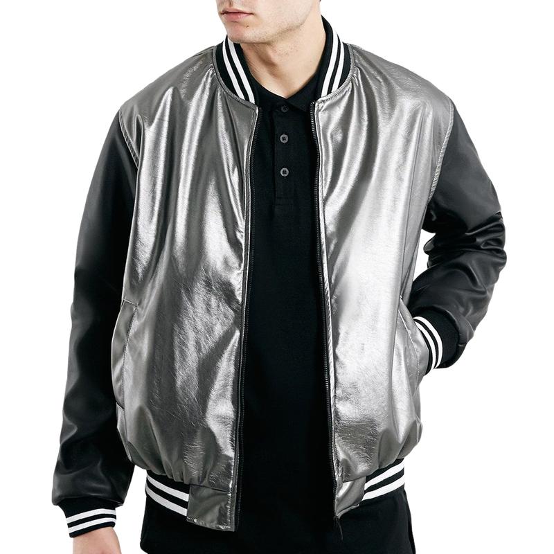 Men's Stylish Silver Leather Patchwork Baseball Jacket 12273739F