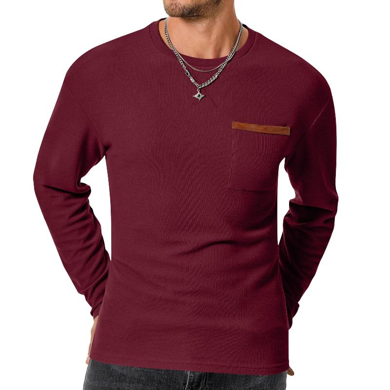 Men's Casual Waffle Round Neck Patch Pocket Slim Fit Long Sleeve T-Shirt 39943180M