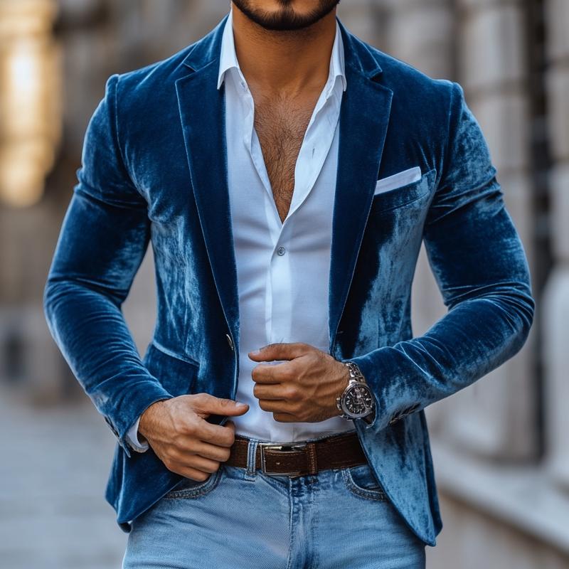 Blazer décontracté à revers crantés et deux boutons en velours uni pour homme 39765531Z