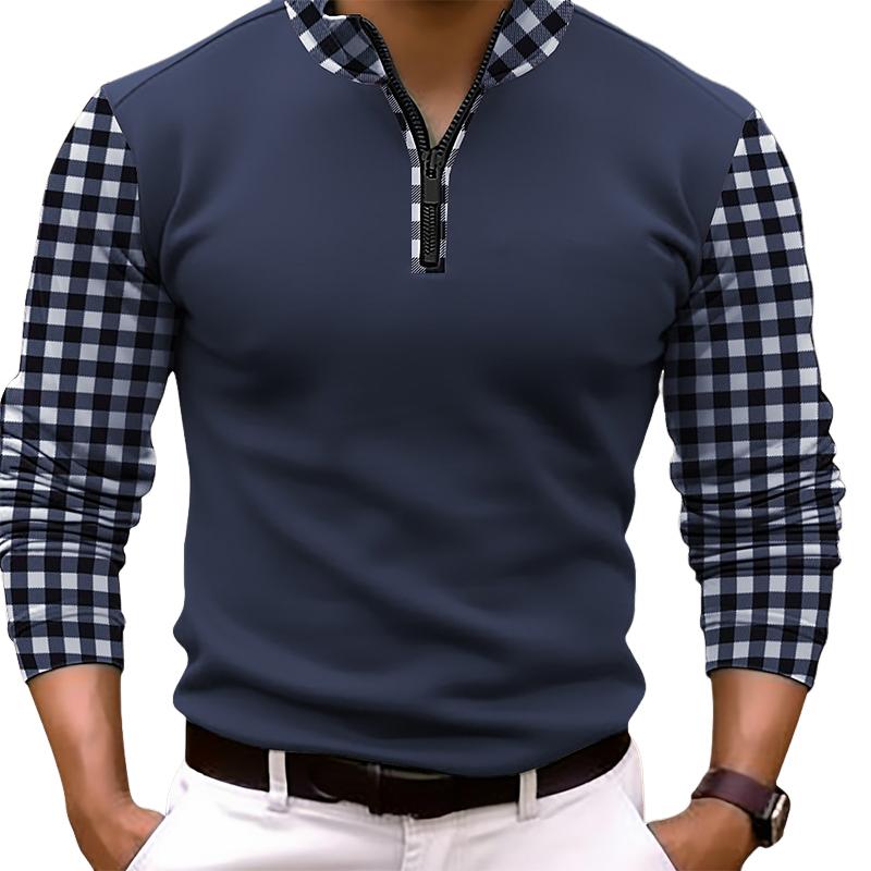 Men's Plaid Stitching Pullover Long Sleeve POLO Shirt 97321796X
