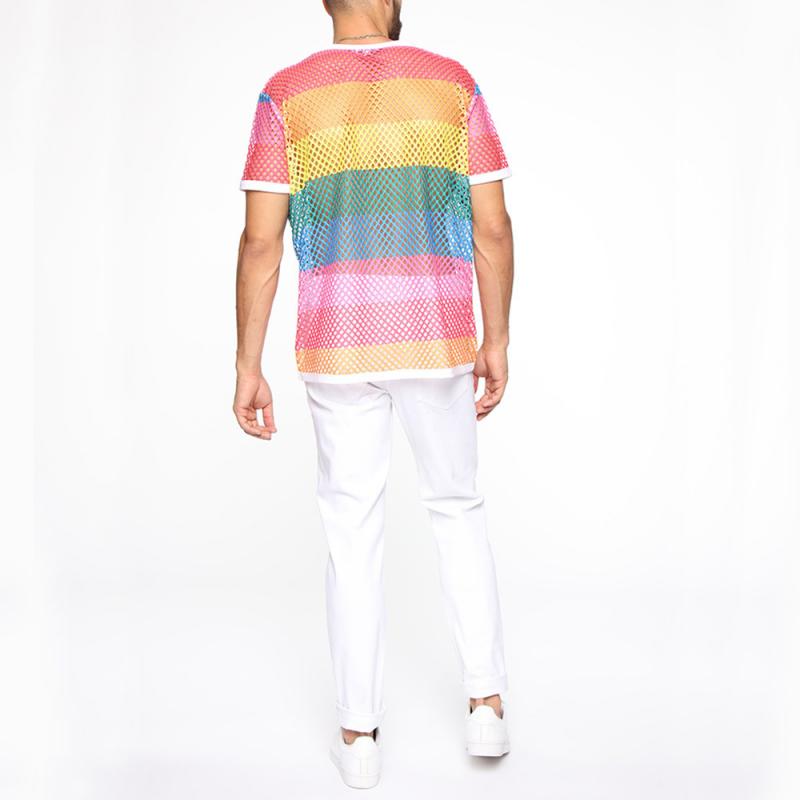 Men's Casual Rainbow Striped Round Neck Grid Hollow Short Sleeve T-Shirt 03917254M