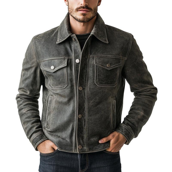 Men's Vintage Distressed Grey Leather Jacket 83707666U