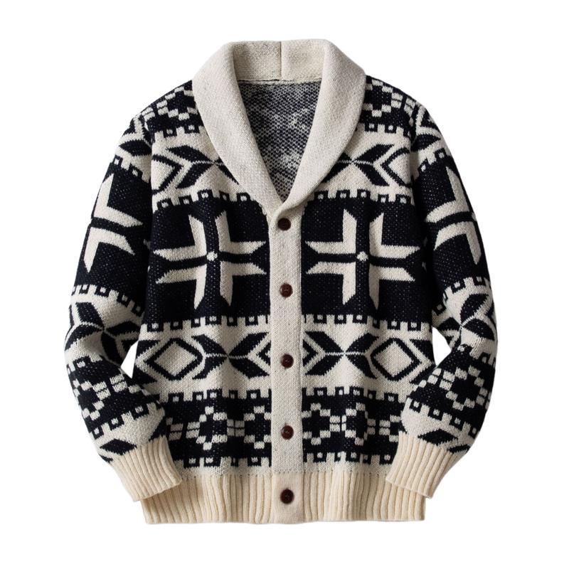 Men's Christmas Jacquard Thick Lapel Single Breasted Knitted Cardigan 59685073M