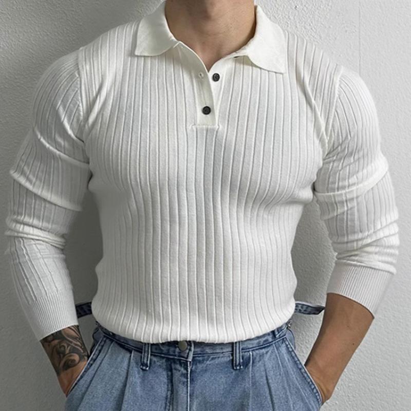 Men's Solid Striped Lapel Long Sleeve Casual Polo Shirt 78081957Z