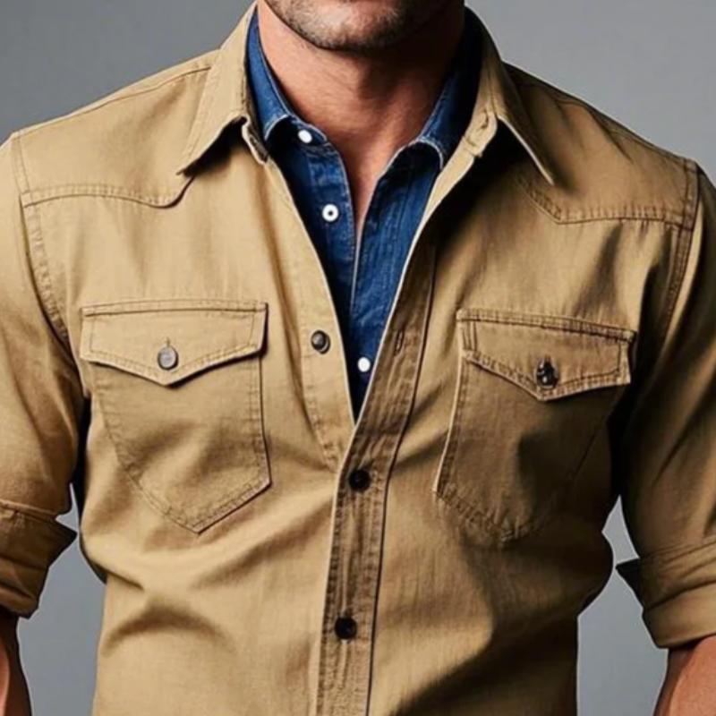 Men's Vintage Double Chest Pockets Single Breasted Long Sleeve Shirt 16472102Y