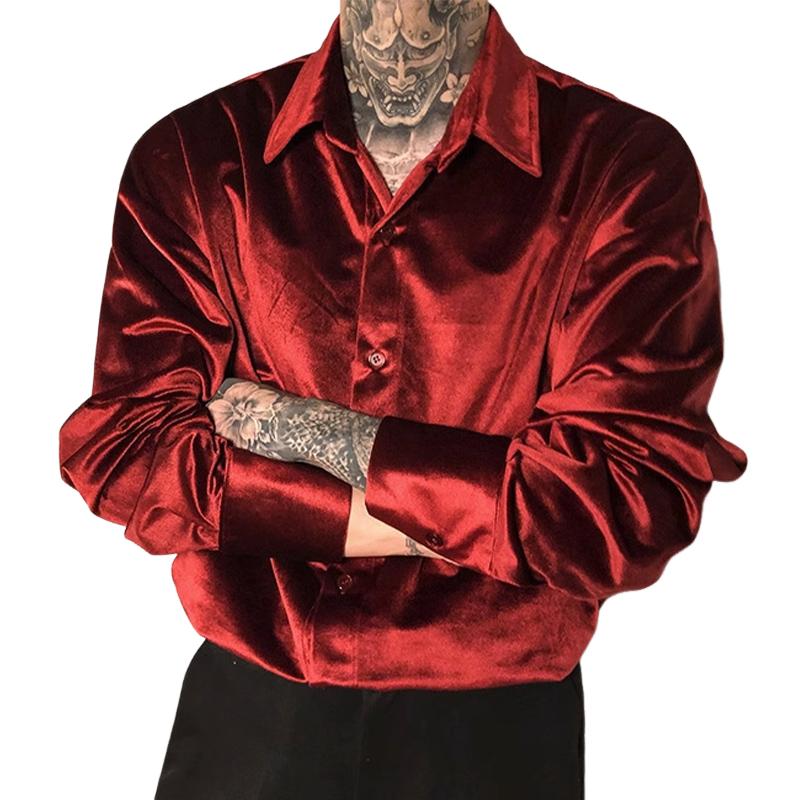 Men's Vintage Red Velvet Long Sleeve Shirt 53155568U