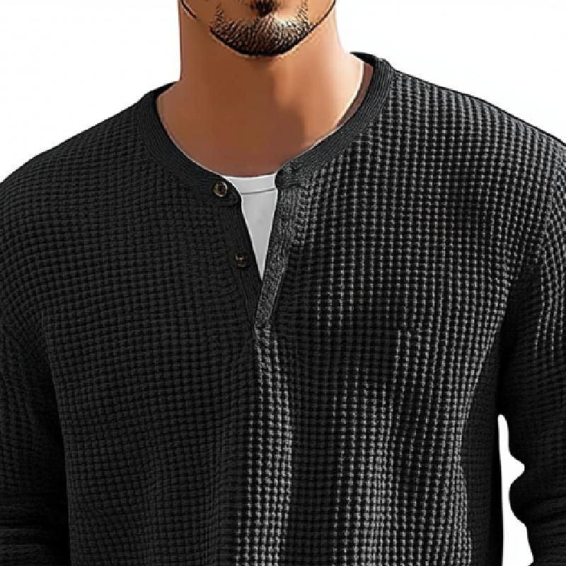 Men's Solid Waffle Button Round Neck Long-Sleeved T-Shirt 47911009Y