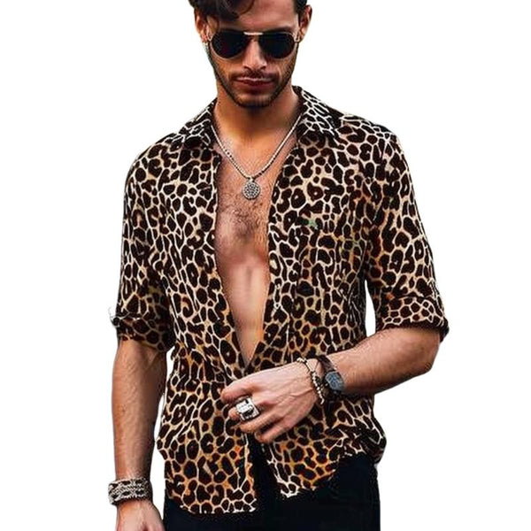 Men's Fashion Leopard Print Lapel Loose Long Sleeve Shirt 79260075M
