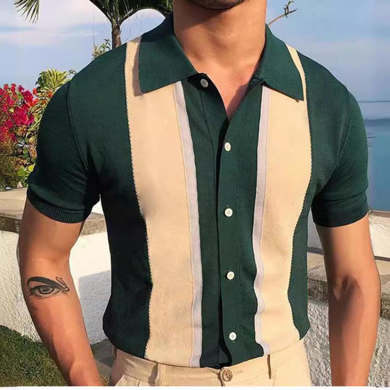 Men's Knitted Colorblock Striped Lapel Short Sleeve Single Breasted Polo Shirt 74925811Z