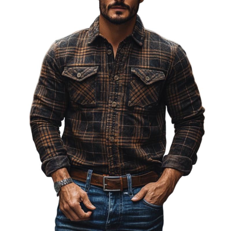 Men's Vintage Plaid Lapel Slim Fit Long Sleeve Shirt 28408370M