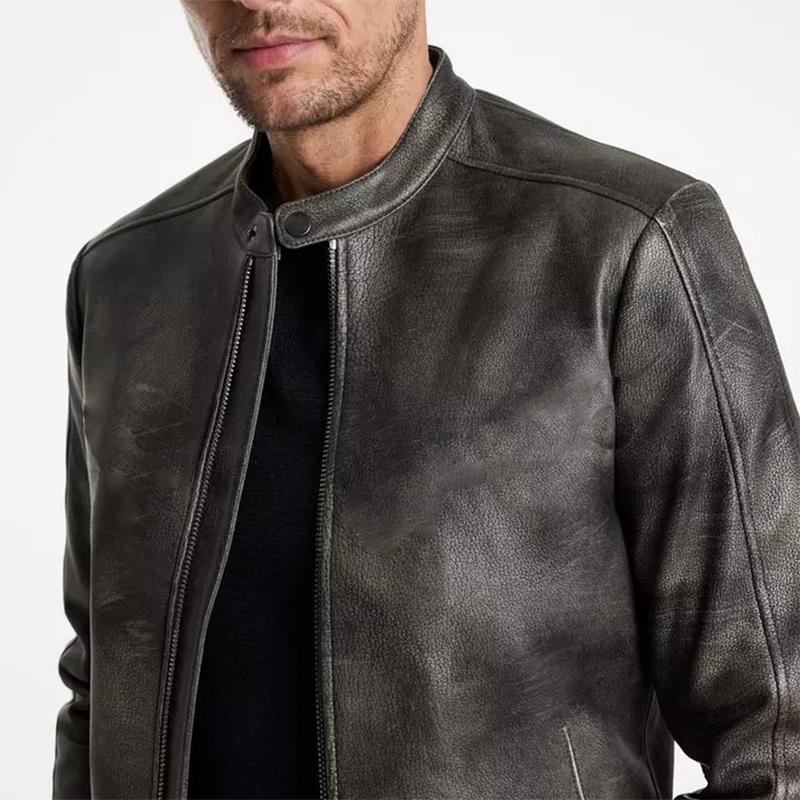 Men's Classic Fashion Distressed Zip-Up Leather Jacket 05026995K