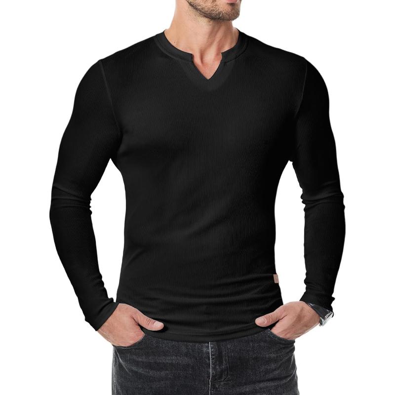 Men's Casual Solid Color Striped V-Neck Slim Fit Long Sleeve T-Shirt 49305594M