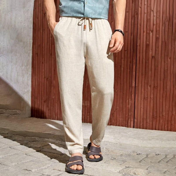 Men's Solid Color Cotton And Linen Elastic Waist Casual Pants 51379161Z