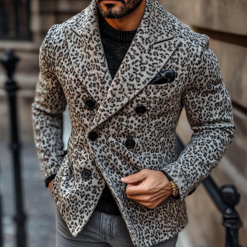 Men's Vintage Leopard Jacquard Peak Lapel Double Breasted Knitted Blazer Cardigan 13584078Y