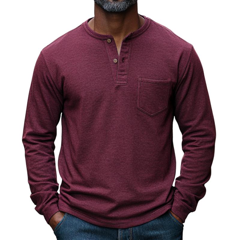 Men's Casual Versatile Burgundy Henley Collar Long Sleeve T-Shirt 07623233F