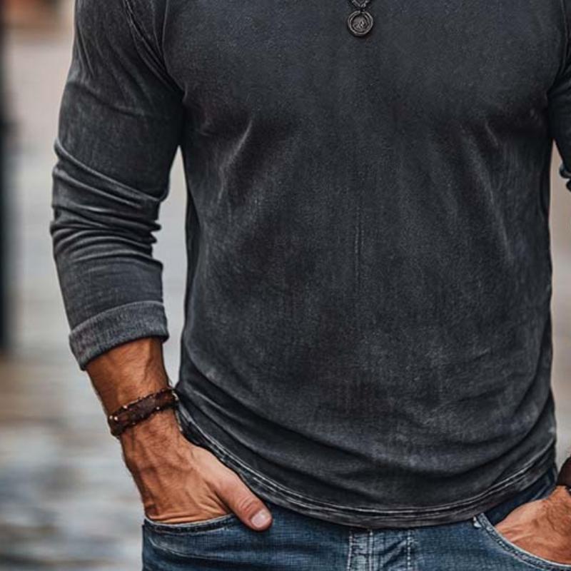 Men's Classic Casual Washed Distressed Round Neck Long Sleeve T-shirt 75414306K