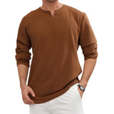 Men's Retro Casual Solid Color Small V Neck Long Sleeve T-shirt 53094656TO