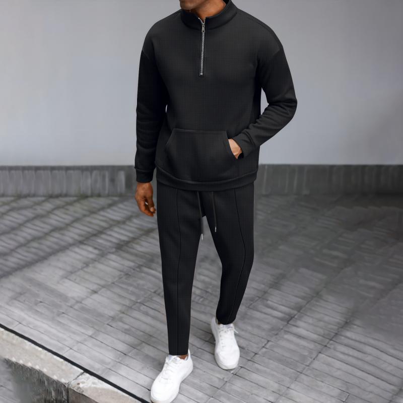 Men's Casual Waffle Zipper Stand Collar Long Sleeve Sweatshirt Sports Pants Set 29559493M