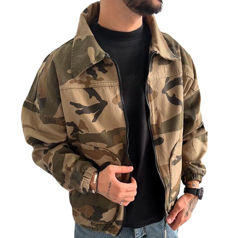 Men's Vintage Casual Camouflage Lapel Pocket Zipper Jacket 61229463TO