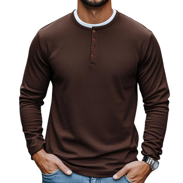 Men's Vintage Casual Solid Color Henley Collar Fake Two Piece Long Sleeve T-Shirt 28424457TO