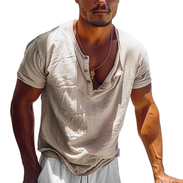 Men's Solid Color Round Neck Button-Down Short Sleeve T-Shirt 12963242X