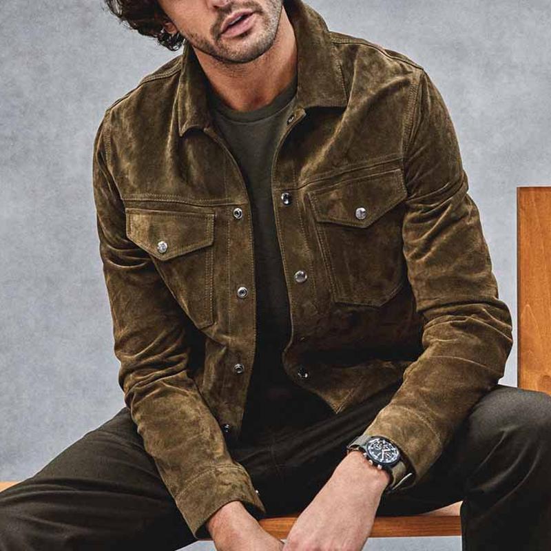 Einreihige Freizeitjacke aus Wildleder für Herren, einfarbig, Revers, 55861346Z